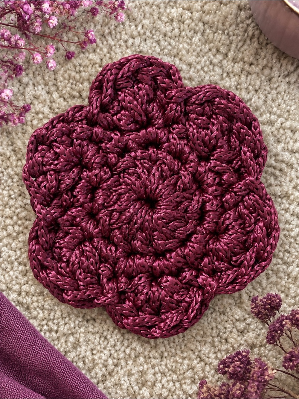 Handmade Plum Crochet Flower Coaster - Women Accessories